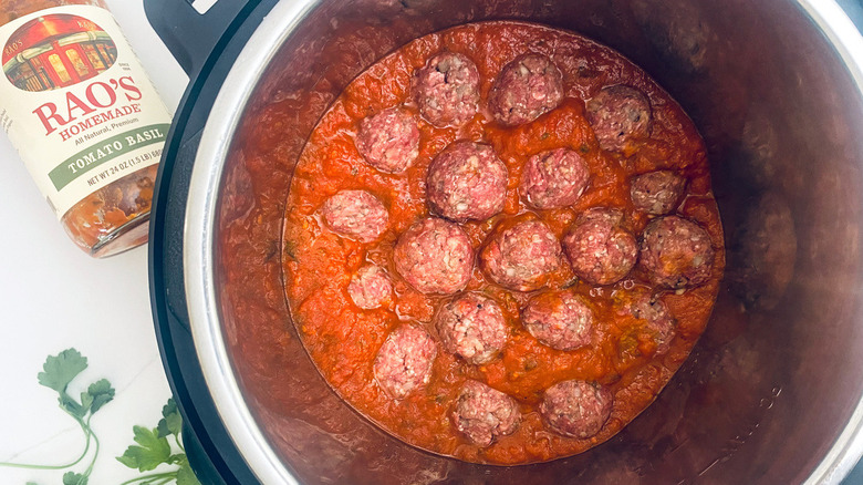 meatballs and marinara in pot