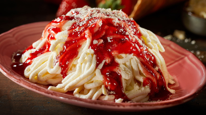 Plate of spaghettieis with heavy jam 