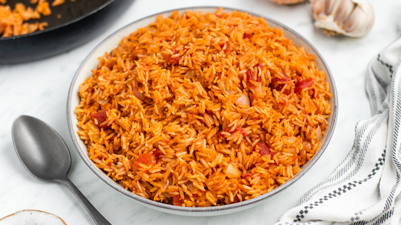 spanish rice in white bowl