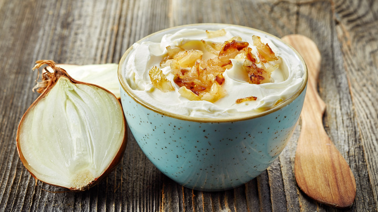 Bowl of onion dip with onion