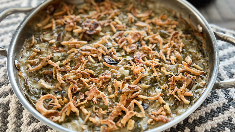 green bean casserole in skillet