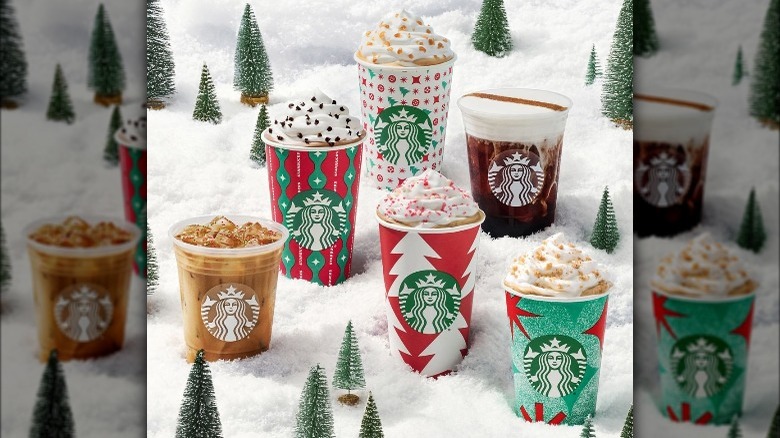 Starbucks holiday drinks in snow