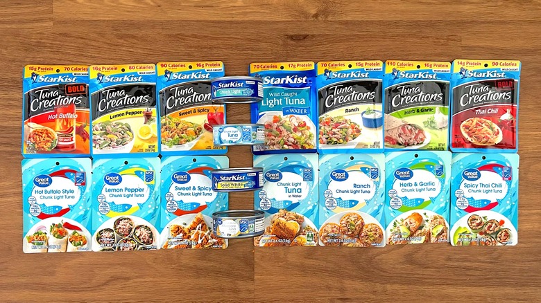 Assorted StarKist and Great Value canned and pouch tuna varieties