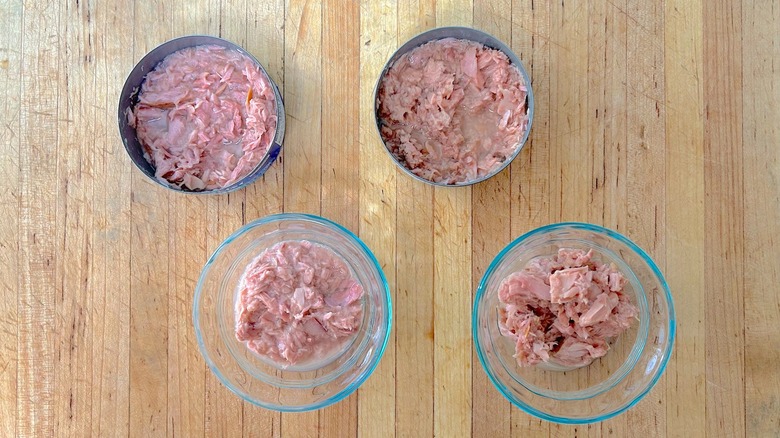 Cans and ramekins of StarKist Chunk Light Tuna in Water and Great Value Chunk Light Tuna in Water