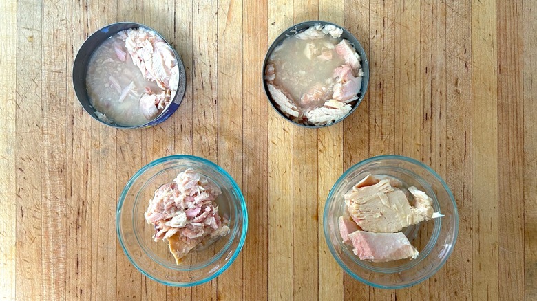 Cans and ramekins with StarKist Solid White Albacore Tuna and Great Value Solid White Albacore Tuna
