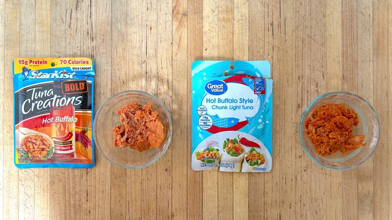 Pouches and ramekins of StarKist Tuna Creations Bold Hot Buffalo and Great Value Hot Buffalo Style Chunk Light Tuna