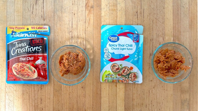 Pouches and ramekins of StarKist Tuna Creations Bold Thai Chili and Great Value Spicy Thai Chili Chunk Light Tuna