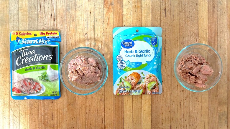 Pouches and ramekins of StarKist Tuna Creations Herb & Garlic and Great Value Herb & Garlic Chunk Light Tuna