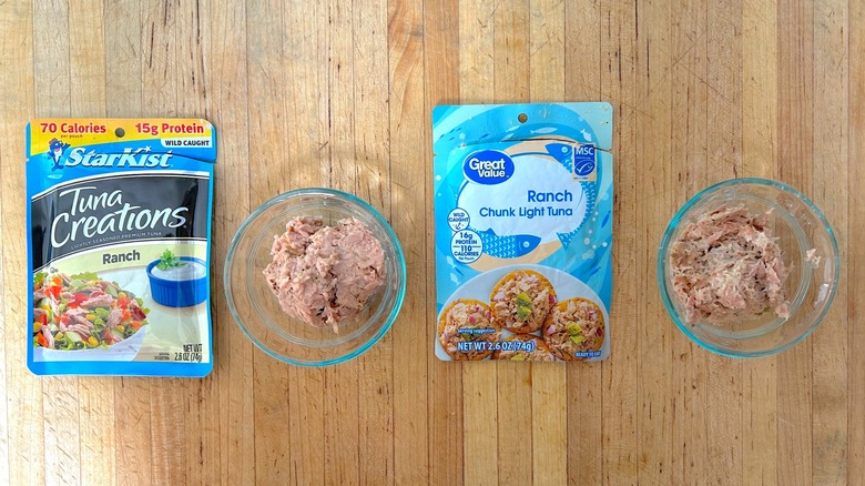 Pouches and ramekins of StarKist Tuna Creations Ranch and Great Value Ranch Chunk Light Tuna