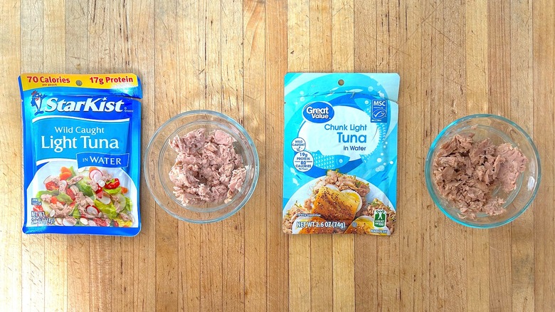 Pouches and ramekins of StarKist Wild Caught Light Tuna in Water and Great Value Chunk Light Tuna in Water