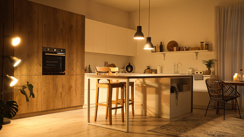Dimly lit modern kitchen with overhead lights and a standing lamp in the corner