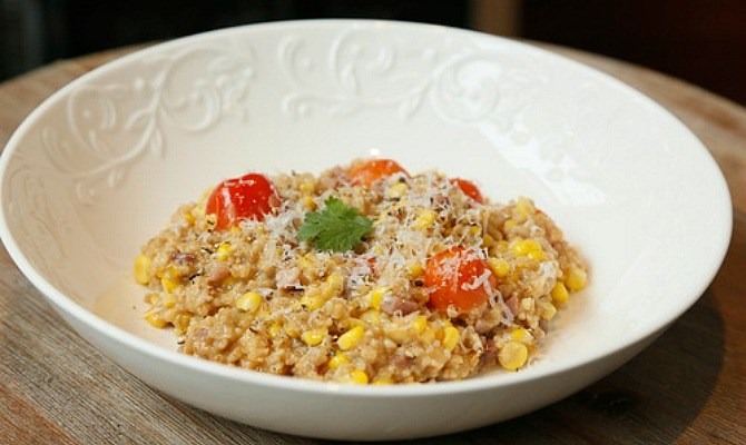 Steel-Cut Oatmeal with Sweet Corn, Tomato, and Pancetta