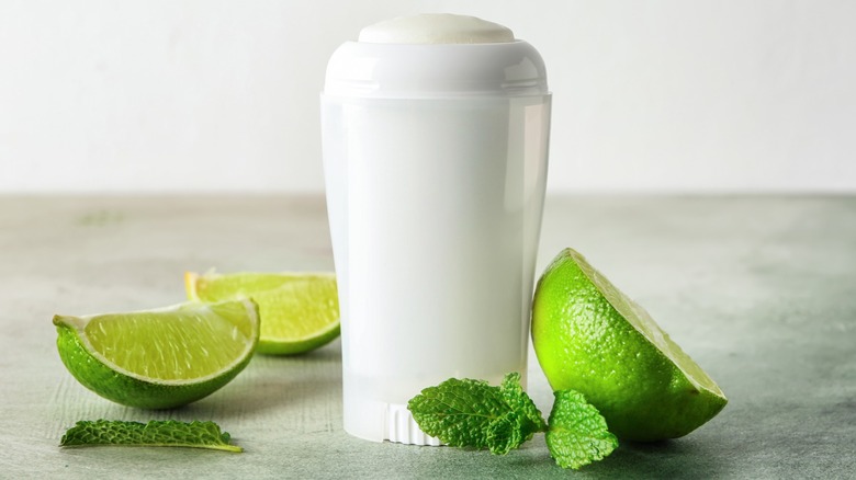 cut lime pieces, mint, and deodorant