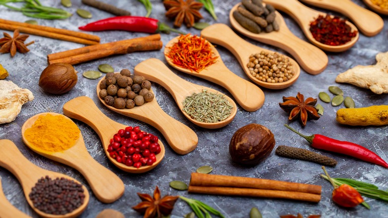 spices on wooden spoons