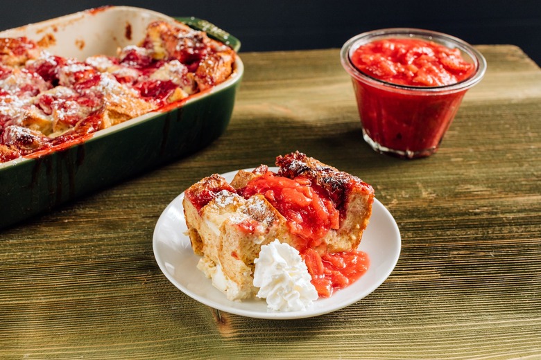 Rhubarb bread pudding with lemony rhubarb compote