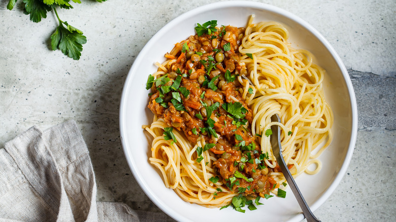 lentil bolognese on pasta