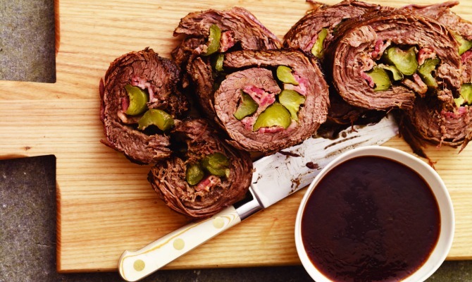 Stuffed Flank Steak with Bacon and Pickles