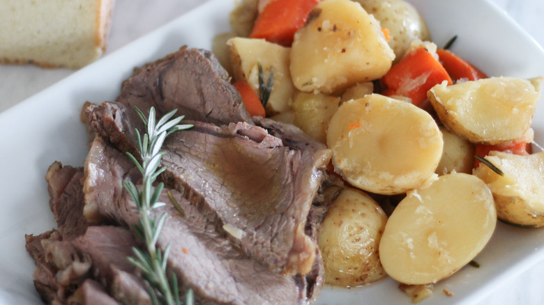 beef and potatoes on platter