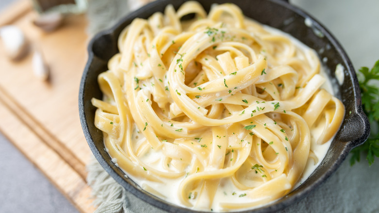 Fettuccine Alfredo in a skillet