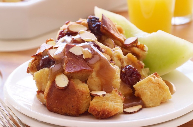 Sweet caramel strata with almonds and cherries