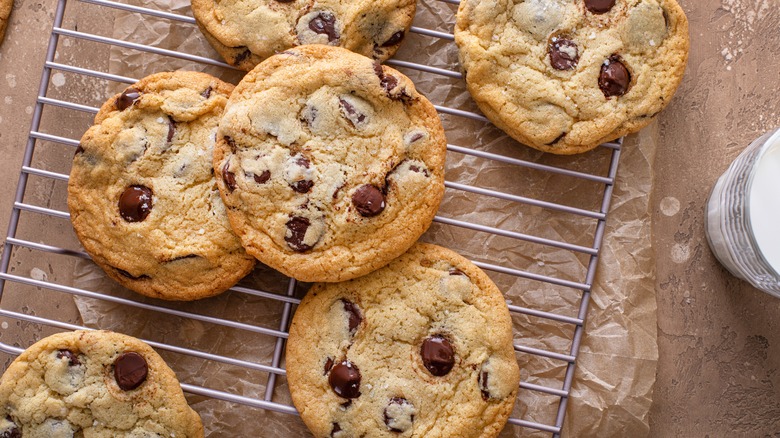 Chocolate chip cookies on a cooling rack