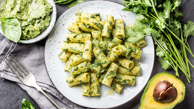 Plate of pasta with avocado pesto
