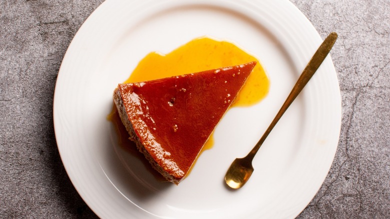 slice of crème brûlée cake on plate
