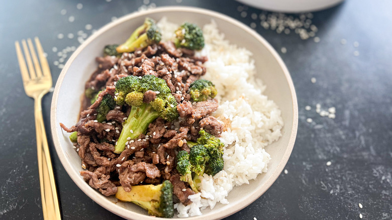 takeout-inspired beef and broccoli in bowl