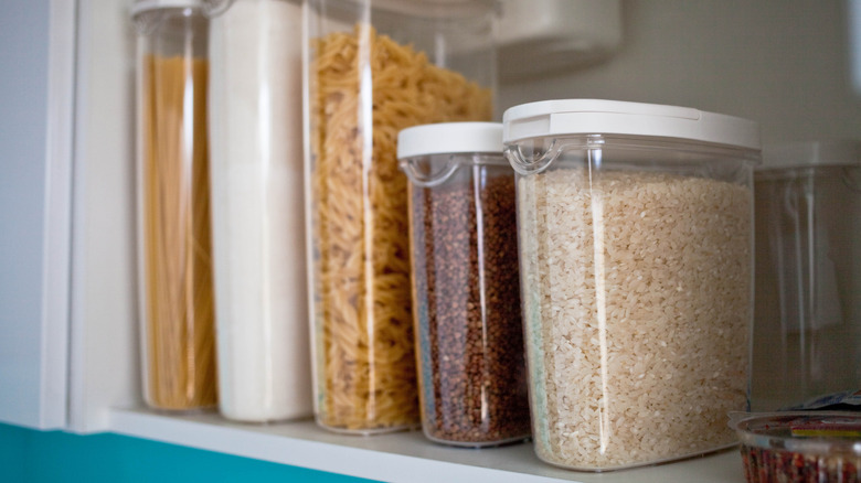 A closeup of items in a stocked pantry