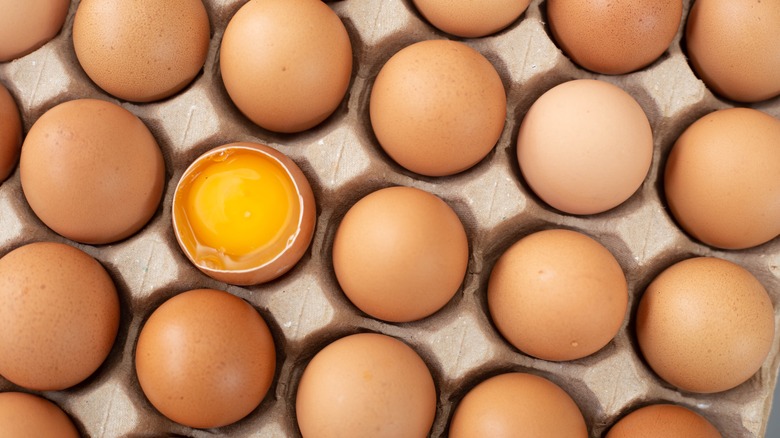 large carton eggs one broken