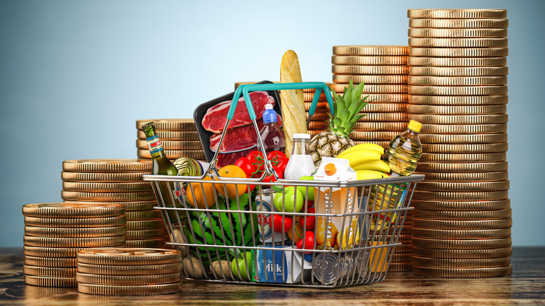 groceries and stacks of coins