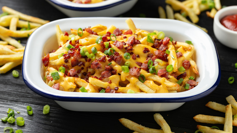 A bowl of loaded fries, with cheese, bacon, and spring onions