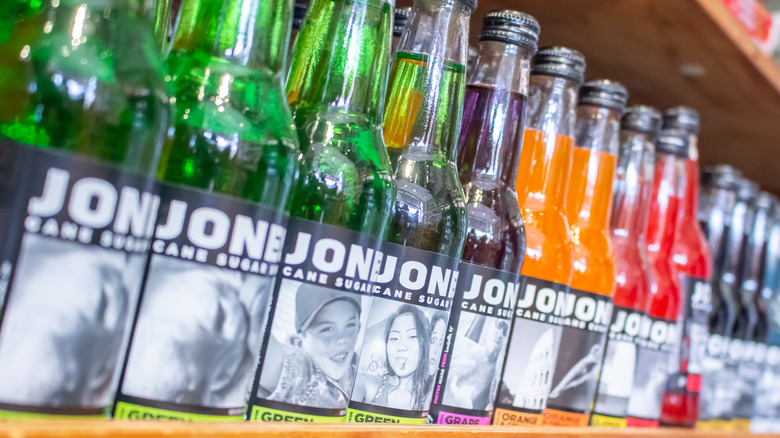 Shelf of Jones Soda bottles