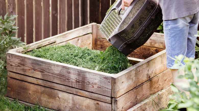 A person empties grass clippings into a compost bin