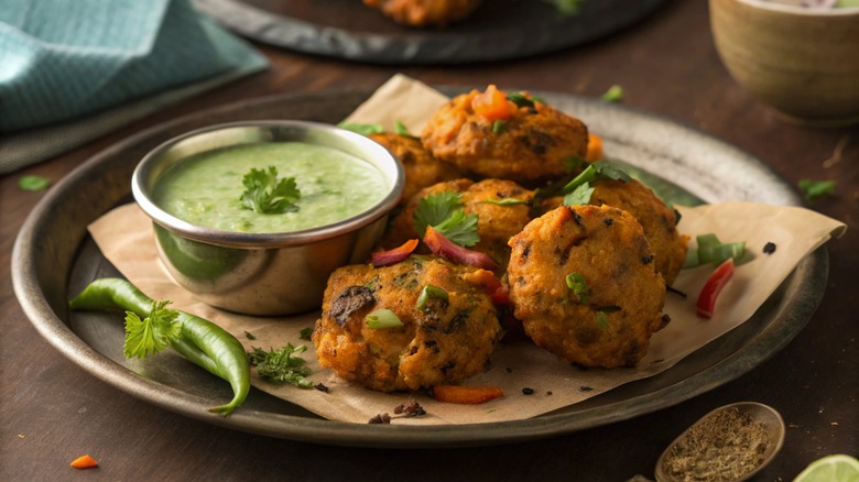 Plate of pakora with herbs and mint chutney