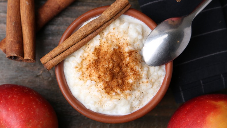 Bowl of rice pudding with cinnamon and apples