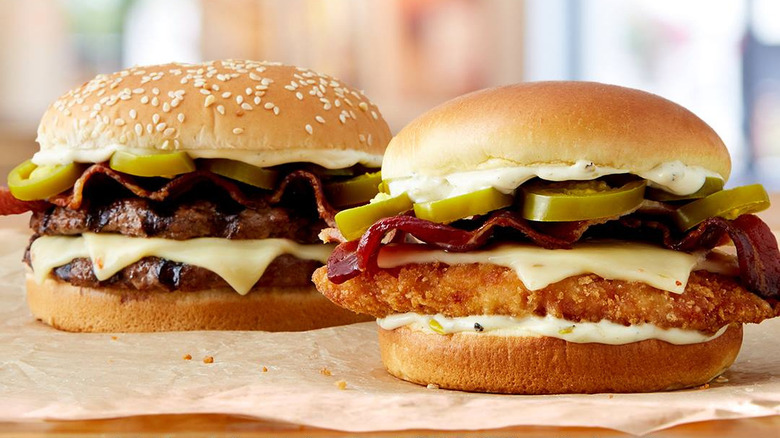 Spicy pepper cheeseburger and chicken sandwich