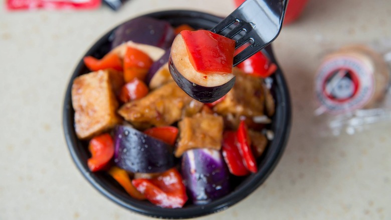 Spicy Eggplant Tofu on fork