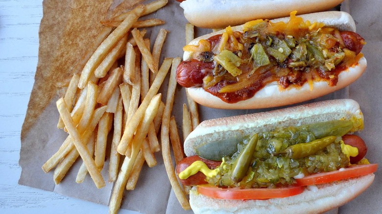 Chili cheese hot dogs with fries