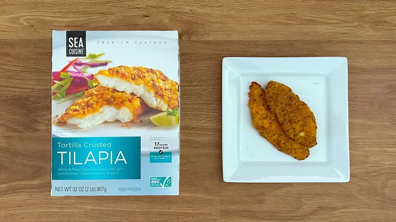 Package and white plate of Sea Cuisine Tortilla Crusted Tilapia