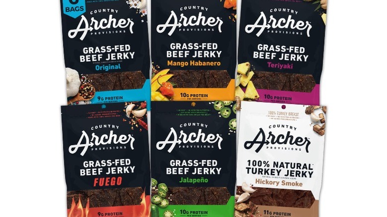 Six bags of Country Archer beef jerky against a white background