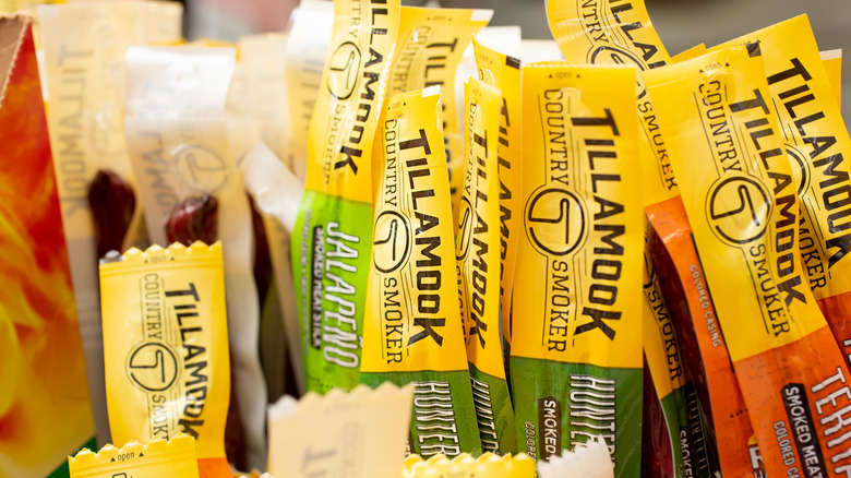 Tillamook beef sticks on a convenience store shelf