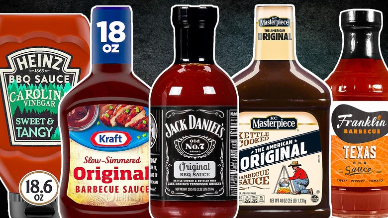 Five bottles of barbecue sauce