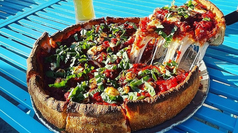 deep dish pizza and beer