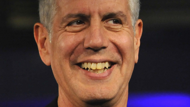 A closeup of Anthony Bourdain's face