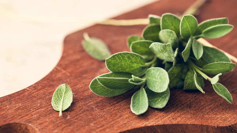 Fresh sage leaves on a wooden cutting board
