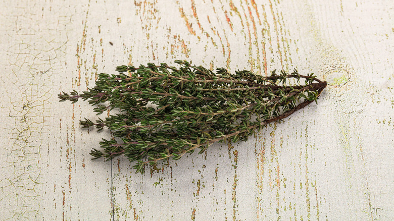 Fresh branches of thyme isolated on a white wood grain background