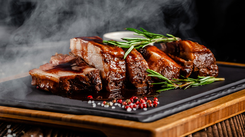 Cooked pork ribs with sauce