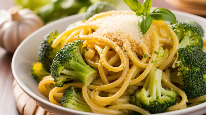 Close-up of pasta with broccoli and Parmesan