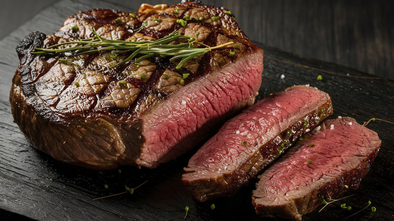 Medium-rare grilled steak sliced on cutting board